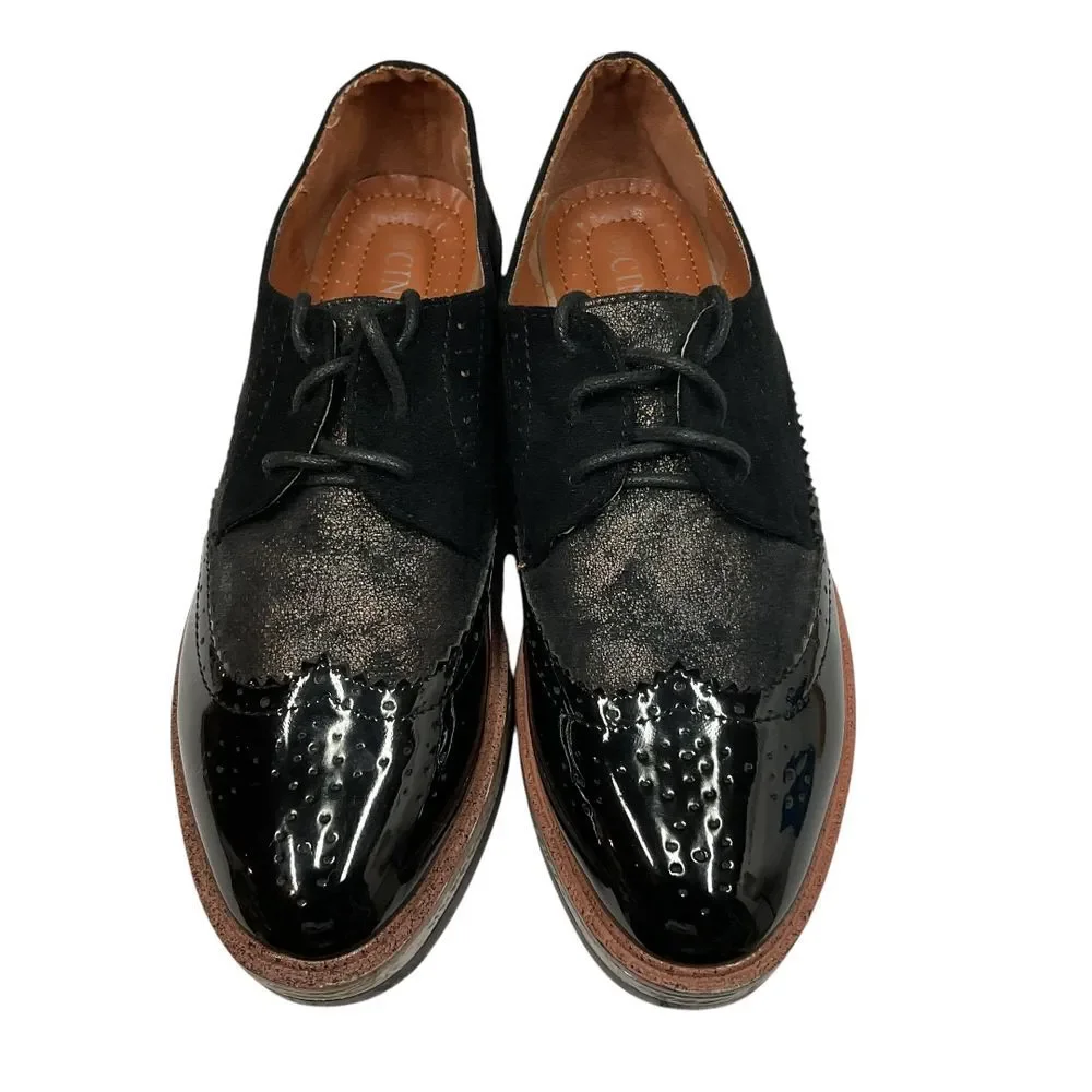 CINK-ME Patent Leather Oxford Platform Wingtip Brogue Shoes Black Texture Size 7